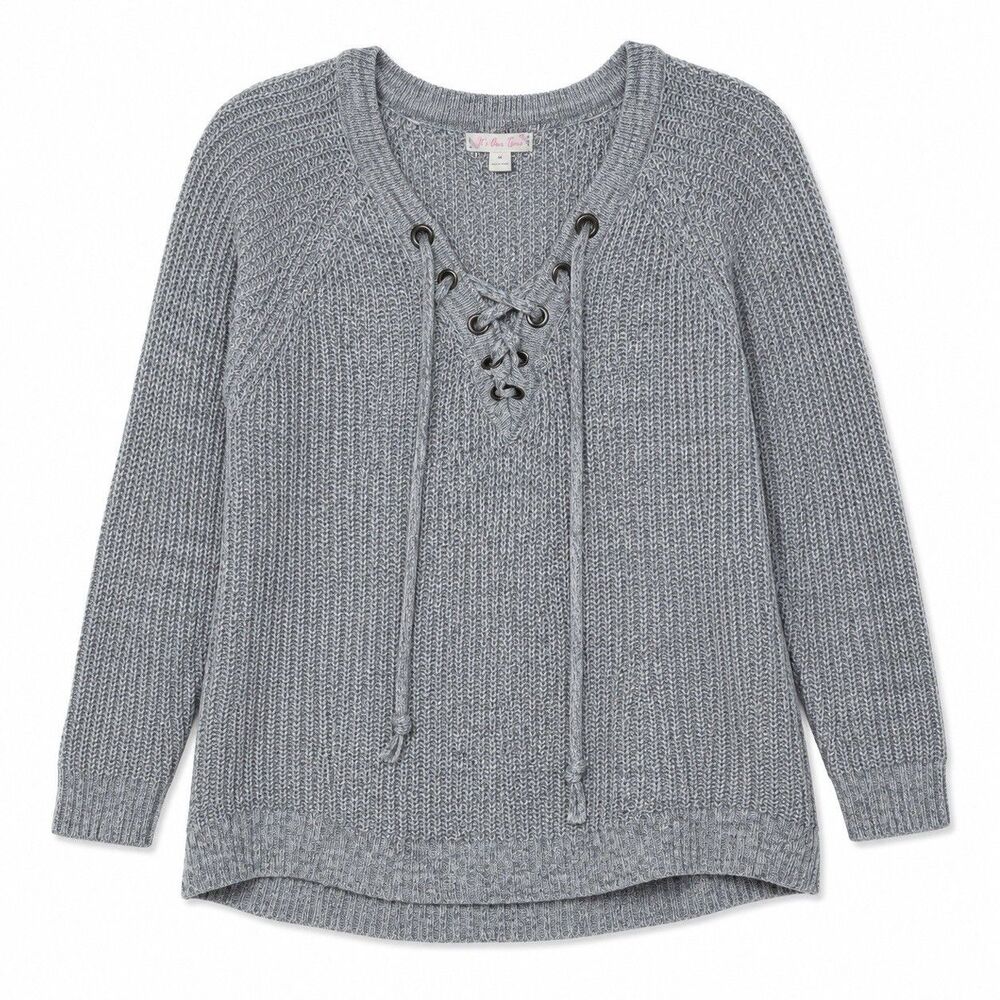 It's Our Time Sweater Juniors Medium Gray Lace Up V Neck Chunky Knit Long Sleeve